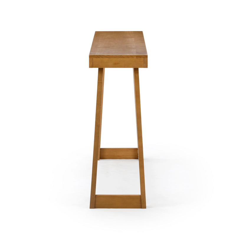 Modern wooden console table with minimalist design and sleek, angled legs in a natural finish.
