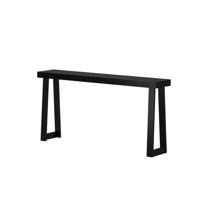 Modern black console table with minimalist design and sleek lines.