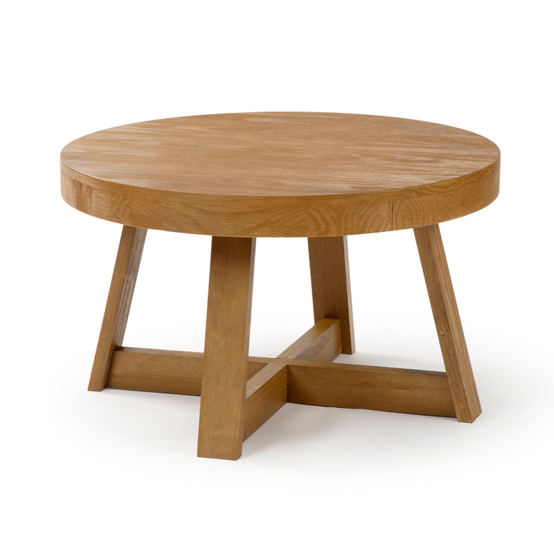 Round wooden coffee table with a modern design and sturdy legs.
