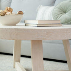 Minimalist living room with a wooden coffee table, books, and decorative bowl.