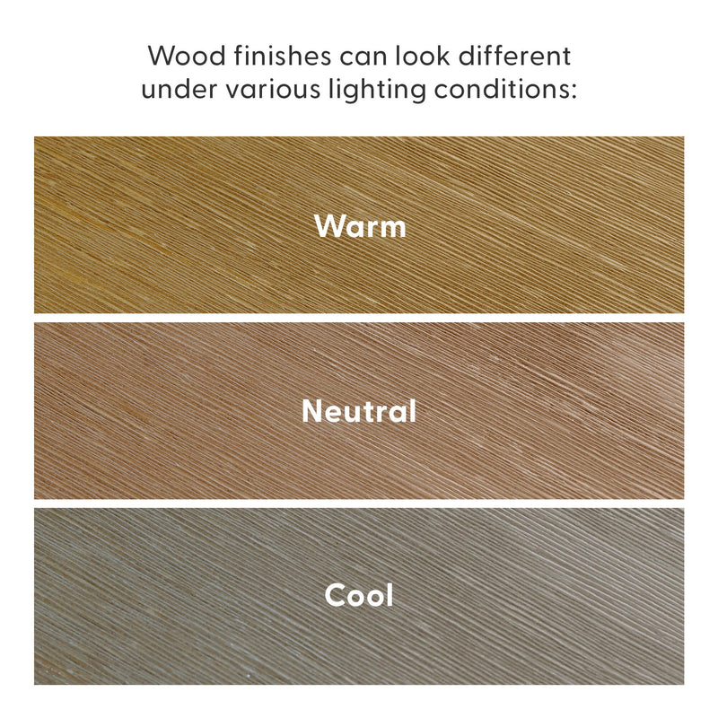 Three wood-grain panels labeled Warm, Neutral, and Cool showing how wood finishes and color vary under different lighting conditions