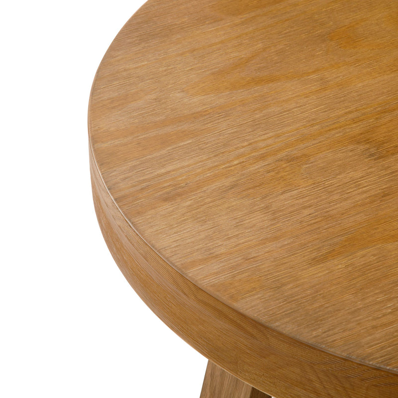 Round oak table top close-up showing natural wood grain and light brown finish, modern wooden side table for living room decor
