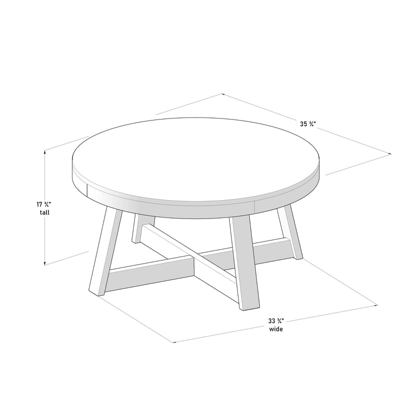 Round wooden coffee table diagram showing dimensions 35 3/4 in diameter, 17 3/4 in height and 33 3/4 in base width with cross-braced legs