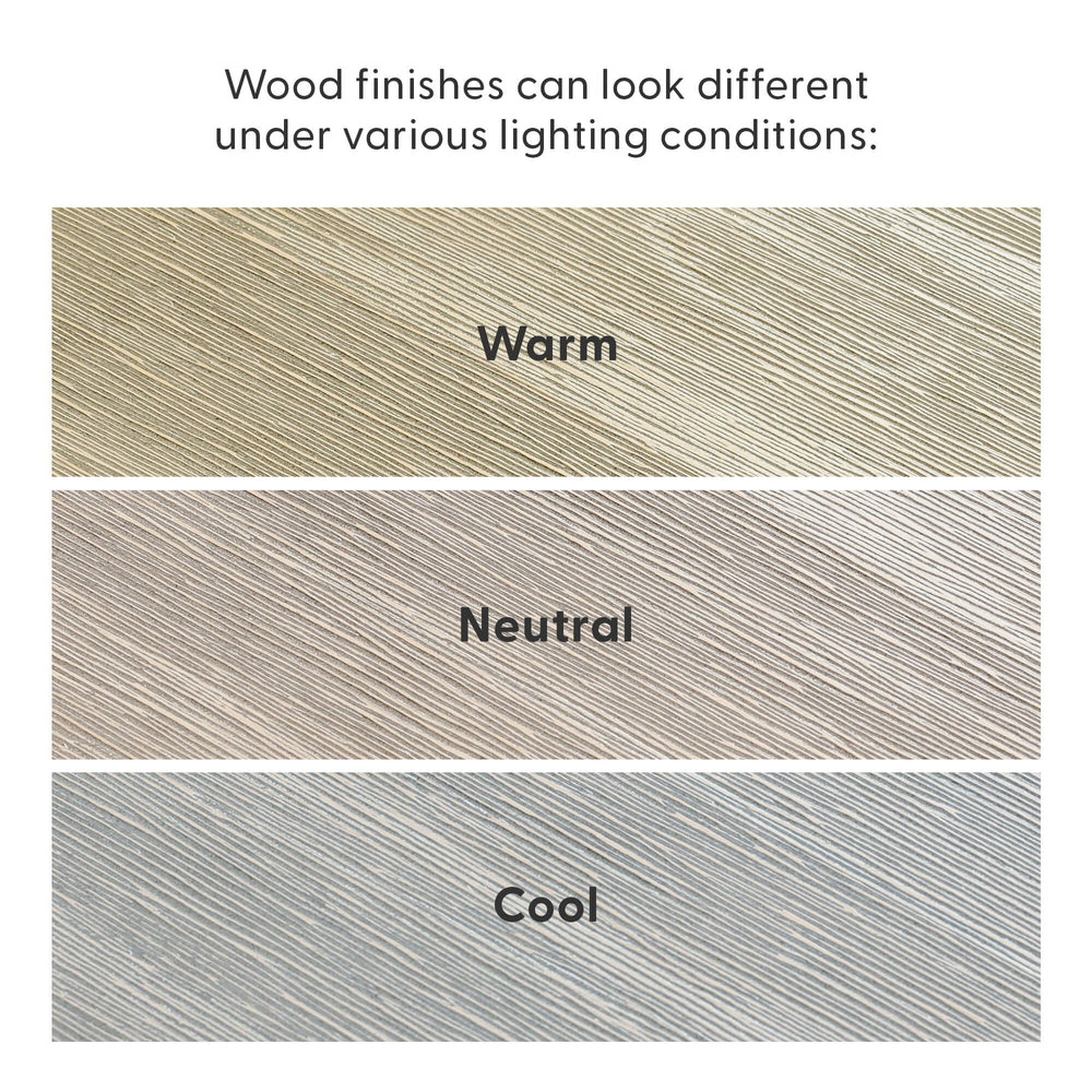 Wood finishes under different lighting conditions: warm, neutral, and cool tones.