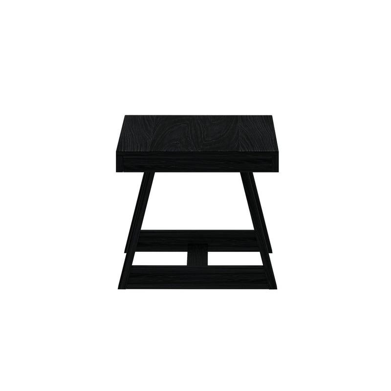 Black wooden square side table with modern geometric design.