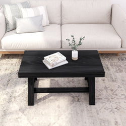 Modern living room with a minimalist black coffee table, cozy beige sofa, and decorative books on a soft patterned rug.