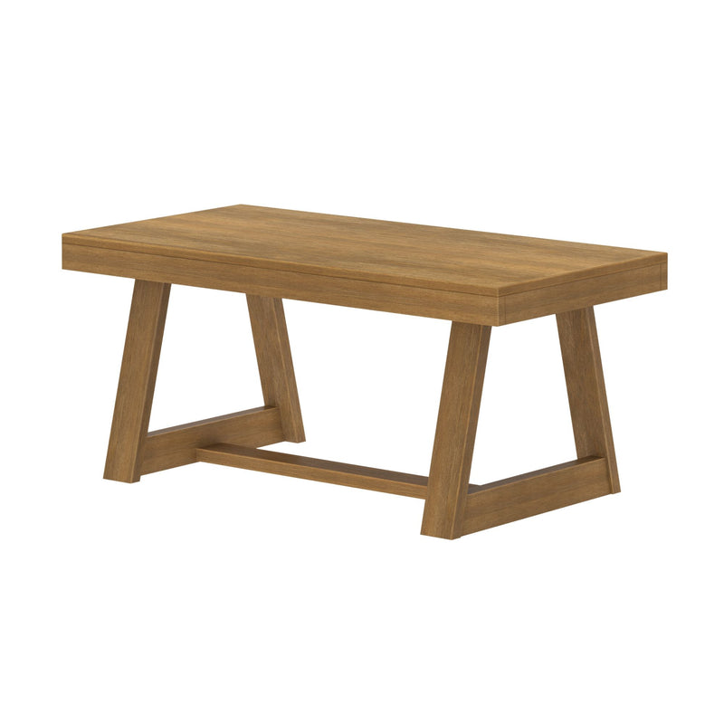 Rustic wooden coffee table with trestle legs in a light oak finish.