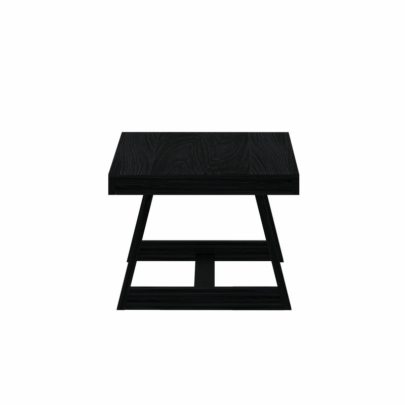 Modern black wooden coffee table with a sleek, minimalist design.
