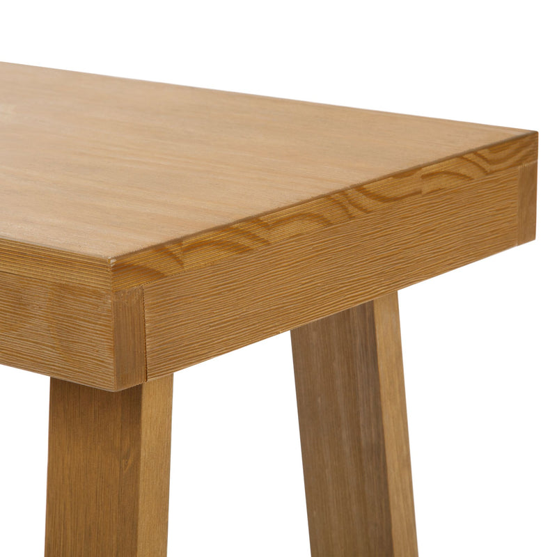 Wooden table corner with sleek modern design and sturdy wooden legs.