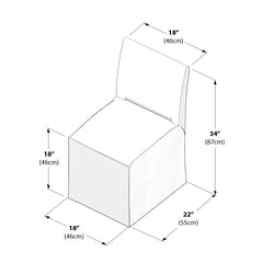 White armless dining chair slipcover schematic with dimensions: seat 18″ (46cm) wide, seat height 18″ (46cm), overall depth 22″ (55cm), total height 34″ (87cm)
