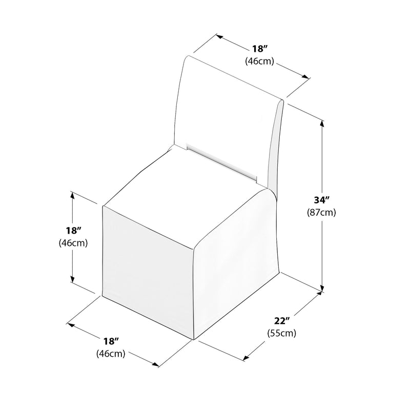 White armless dining chair slipcover schematic with dimensions: seat 18″ (46cm) wide, seat height 18″ (46cm), overall depth 22″ (55cm), total height 34″ (87cm)