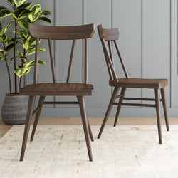 Mid-century modern dark walnut dining chairs with spindle backs beside a variegated ficus in a woven planter against a gray paneled wall on a light area rug