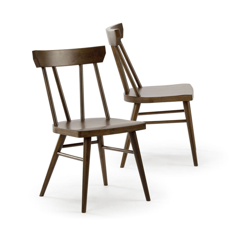 Pair of mid-century modern brown solid wood dining chairs with spindle backs and tapered legs