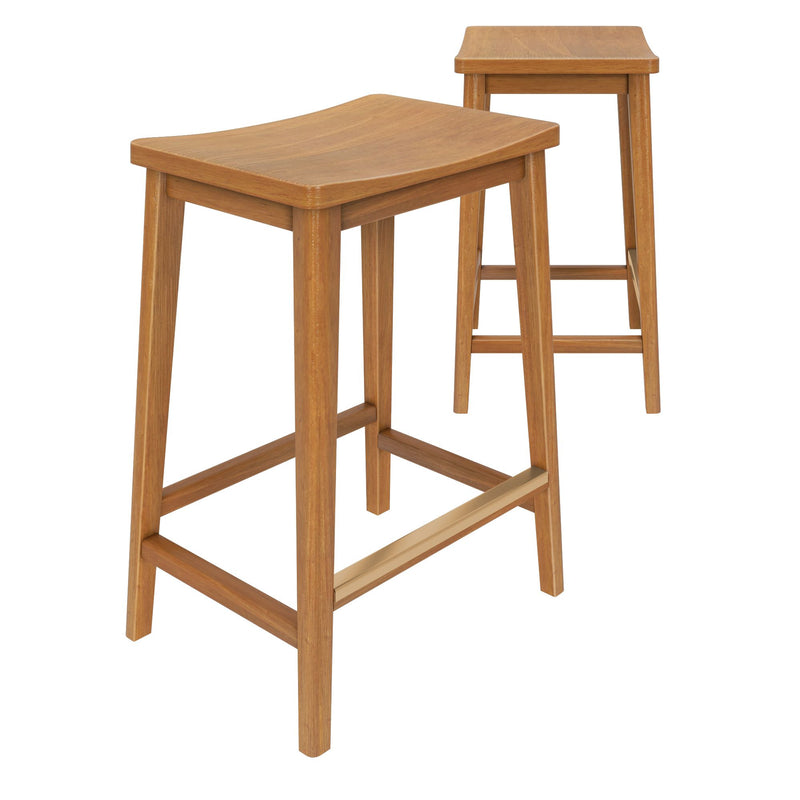 Set of two wooden bar stools with natural finish and minimalist design.