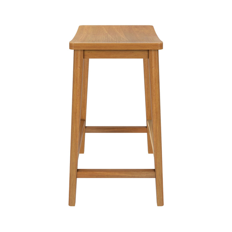 Wooden bar stool with backless design and natural finish.