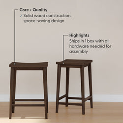 Solid wood bar stools with space-saving design, ships in one box with all assembly hardware included.