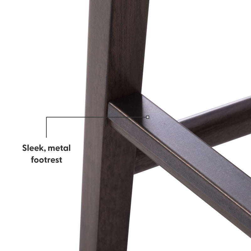 Close-up of a sleek, metal footrest on a modern bar stool chair design.