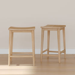 Natural wood bar stools with square seat design on a wooden floor background.