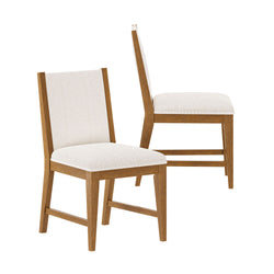 Set of two modern wooden dining chairs with white upholstered seats and backs.
