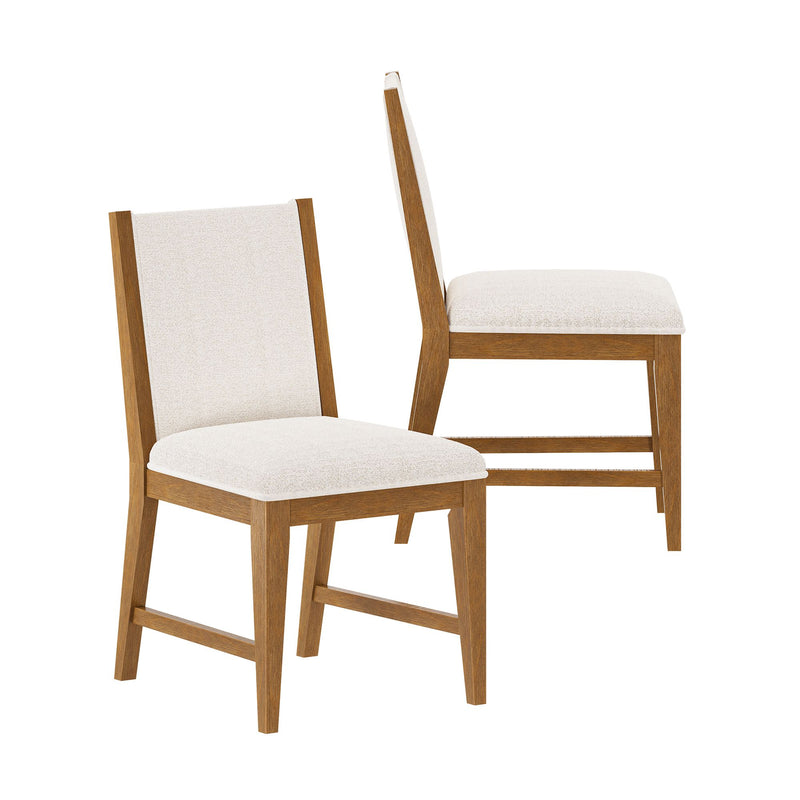 Set of two modern wooden dining chairs with white upholstered seats and backs.