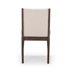 Wooden dining chair with beige upholstery, elegant design from back view.