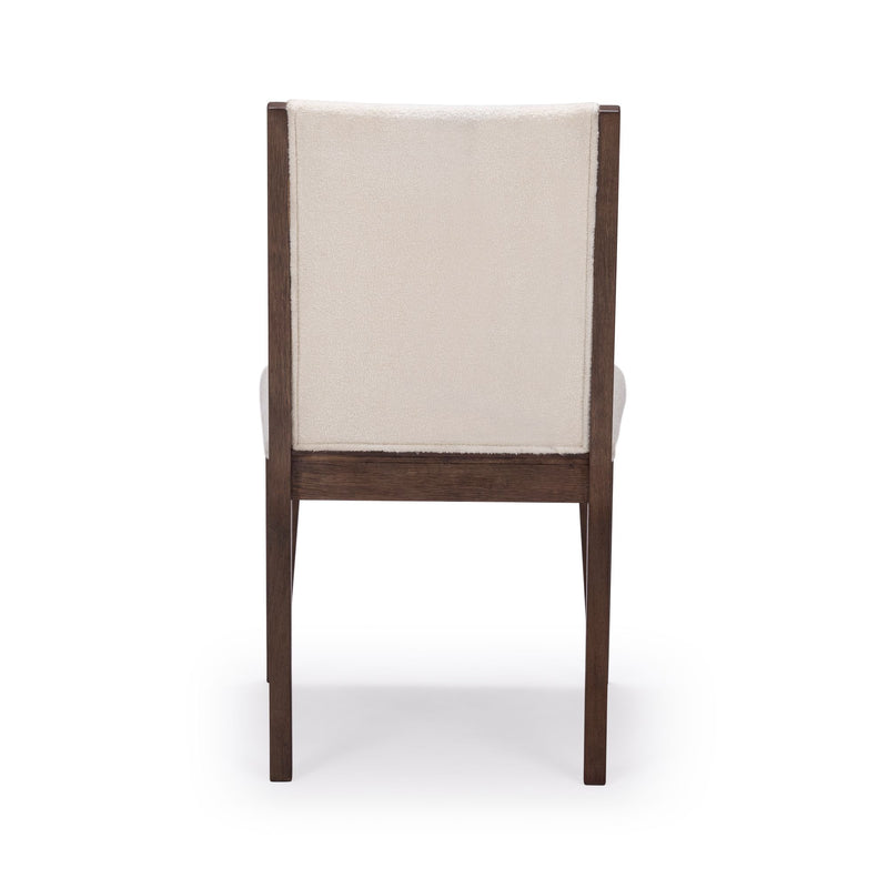 Wooden dining chair with beige upholstery, elegant design from back view.