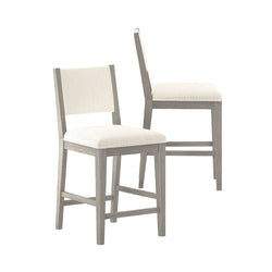 Set of 2 contemporary counter-height bar stools with gray oak frame and cream upholstered seats and backs, ideal for kitchen island