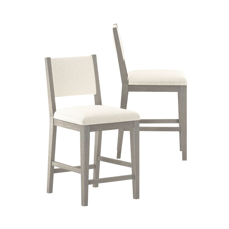 Set of 2 contemporary counter-height bar stools with gray oak frame and cream upholstered seats and backs, ideal for kitchen island