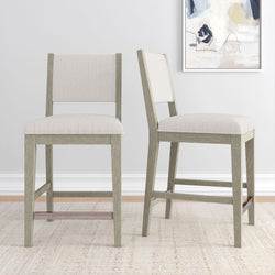 Pair of counter-height upholstered bar stools with light gray-wash wood frames and beige linen seats, modern farmhouse kitchen island seating (set of 2)