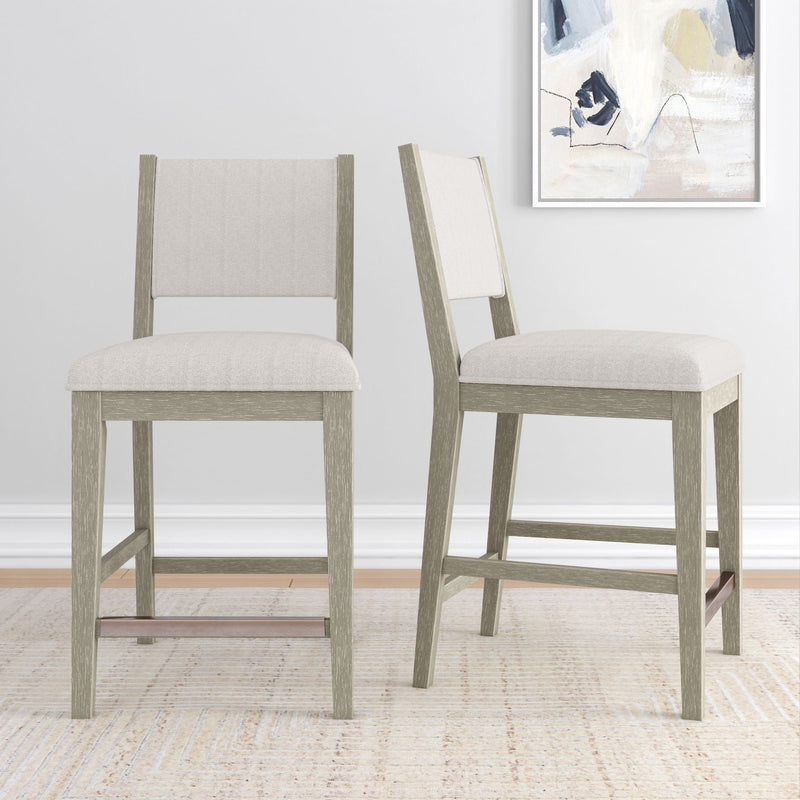 Pair of counter-height upholstered bar stools with light gray-wash wood frames and beige linen seats, modern farmhouse kitchen island seating (set of 2)