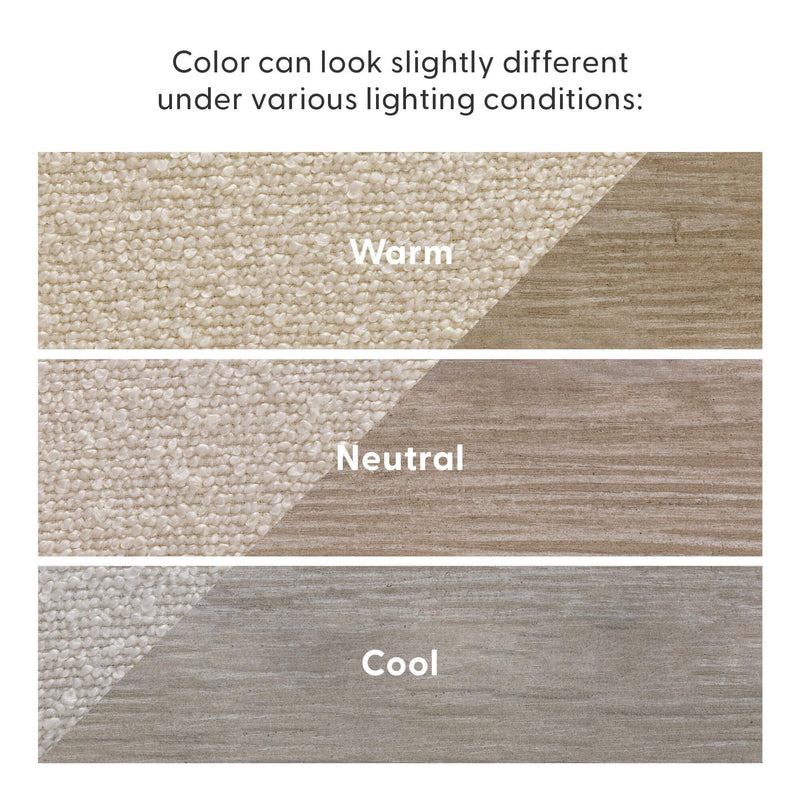 Three-panel color sample showing carpet and wood flooring under warm, neutral, and cool lighting to illustrate color variation