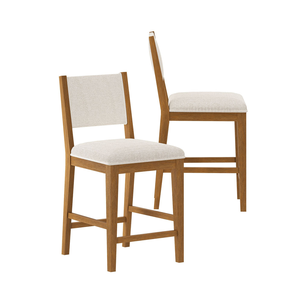 Pair of wooden dining chairs with beige upholstered seats and backs.