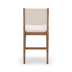 White cushioned wooden bar stool with a modern design and high backrest.