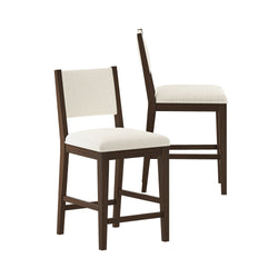 Two modern wooden bar stools with cushioned beige seats and backs.