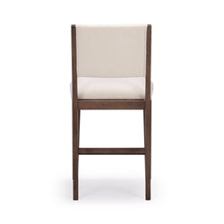 Back view of a modern bar stool with dark wood frame and white upholstered seat and backrest.