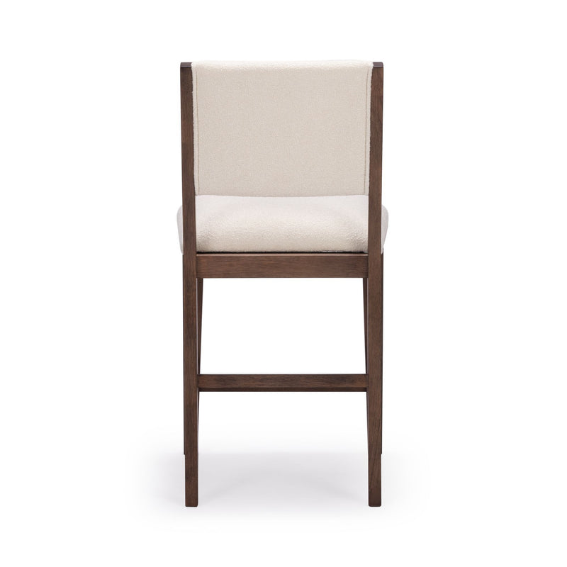 Back view of a modern bar stool with dark wood frame and white upholstered seat and backrest.