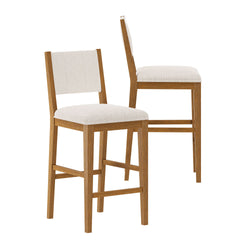 Two modern wooden bar stools with cushioned beige seats and backs.