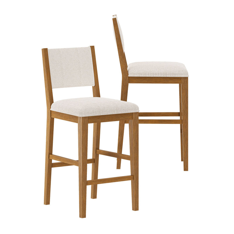 Two modern wooden bar stools with cushioned beige seats and backs.