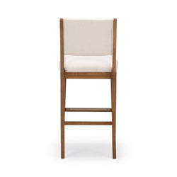Stylish wooden bar stool with cushioned cream backrest and seat, perfect for modern kitchen or home bar.
