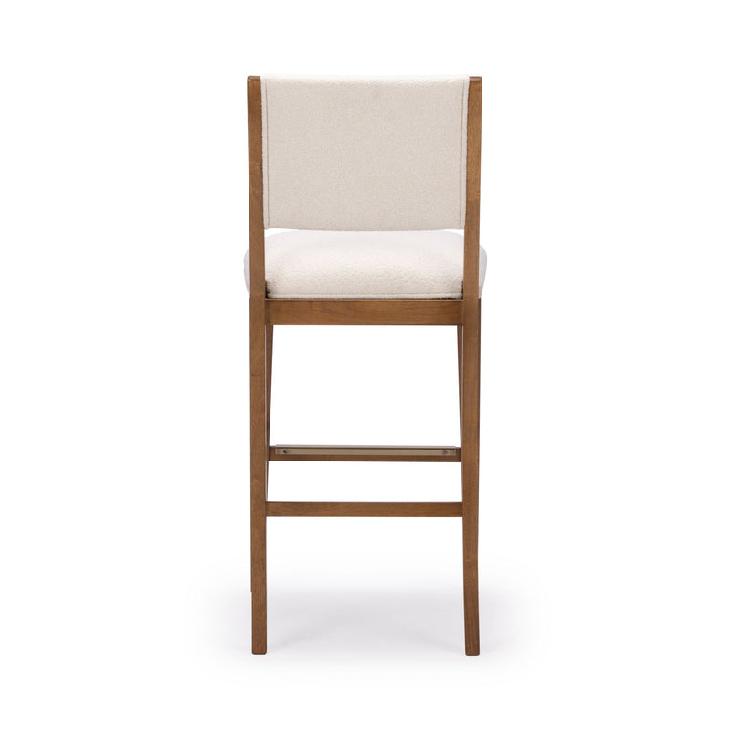 Stylish wooden bar stool with cushioned cream backrest and seat, perfect for modern kitchen or home bar.