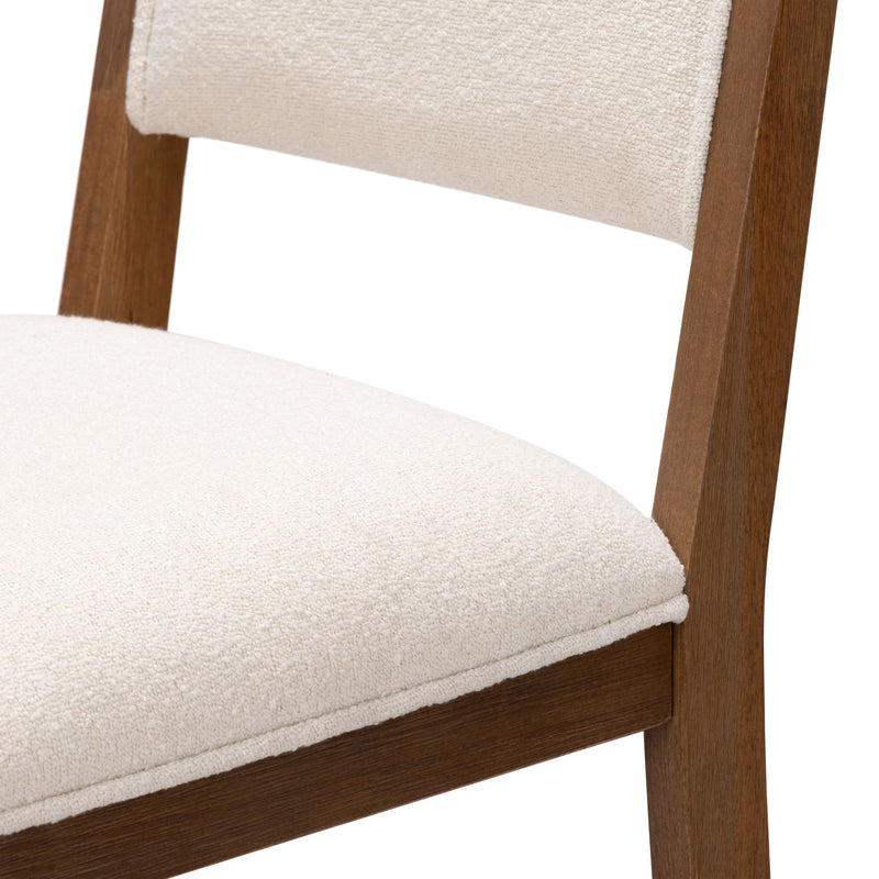 White cushioned modern dining chair with wooden frame.