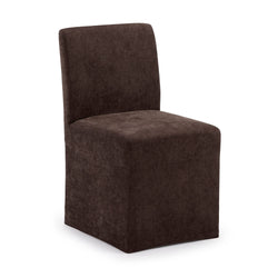 Brown upholstered armless slipcovered dining chair with fitted skirt and tall back, modern side chair for dining room