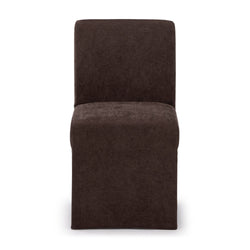 Chocolate brown slipcovered armless dining chair with high back and floor-length skirt, modern minimalist side chair on white background