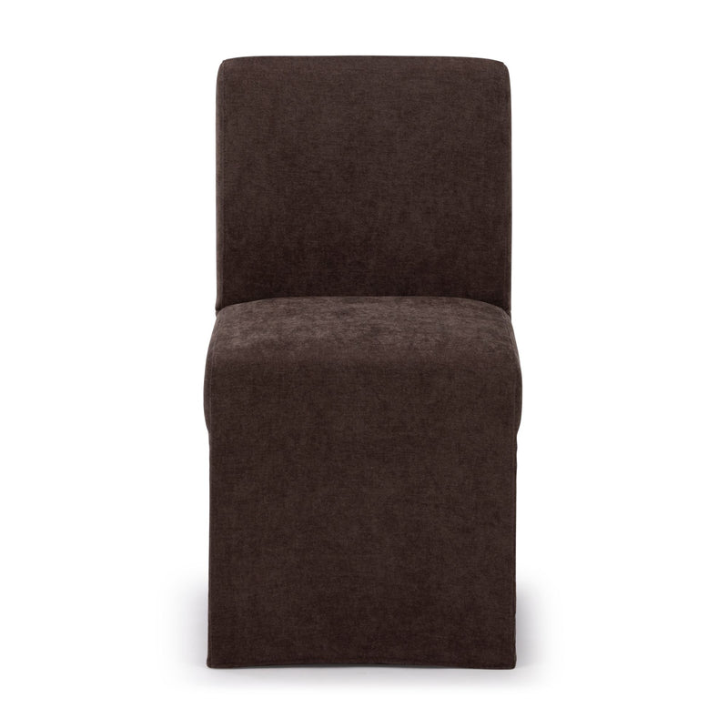Chocolate brown slipcovered armless dining chair with high back and floor-length skirt, modern minimalist side chair on white background