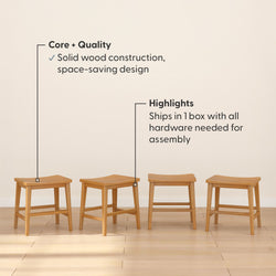 Set of four solid wood stools with curved saddle seats in light wood finish, space-saving design, ships in one box with hardware for easy assembly