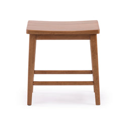 Mid-century modern solid wood stool with curved seat and tapered legs in natural oak finish, ideal wooden dining, kitchen, or entryway stool