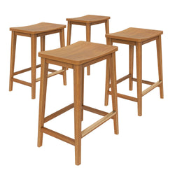 Set of four modern wooden bar stools with minimalist design and natural finish.