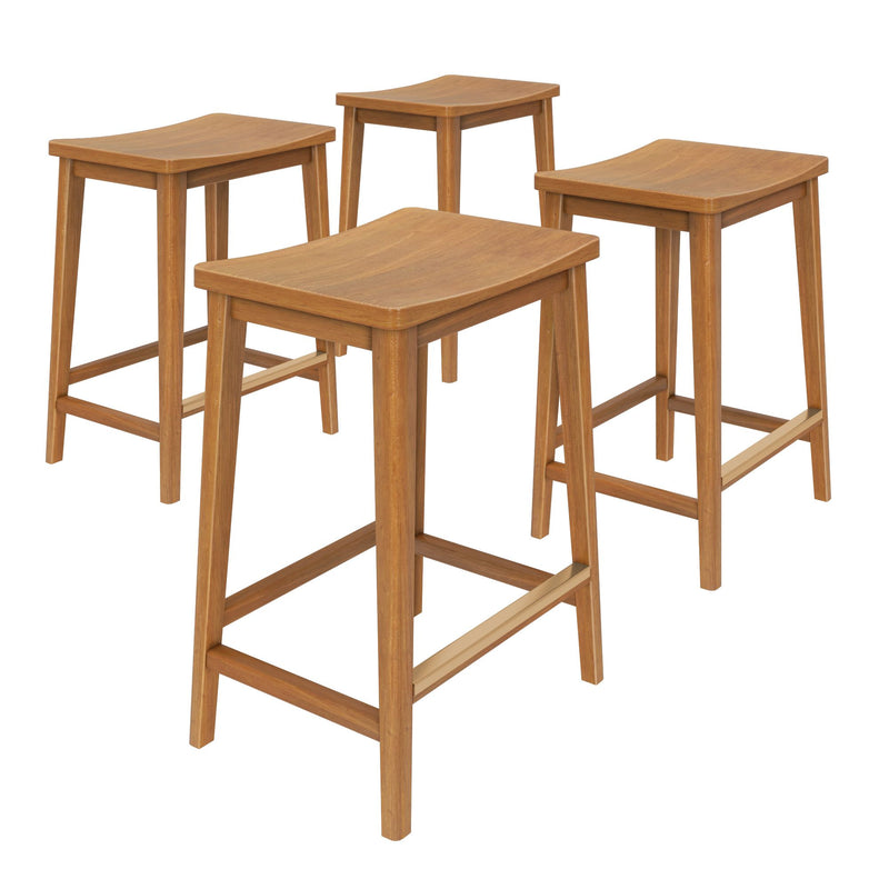 Set of four modern wooden bar stools with minimalist design and natural finish.