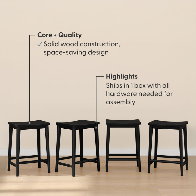 Set of four black wooden stools with a solid wood construction and space-saving design, shown on a light wood floor with assembly features highlighted.
