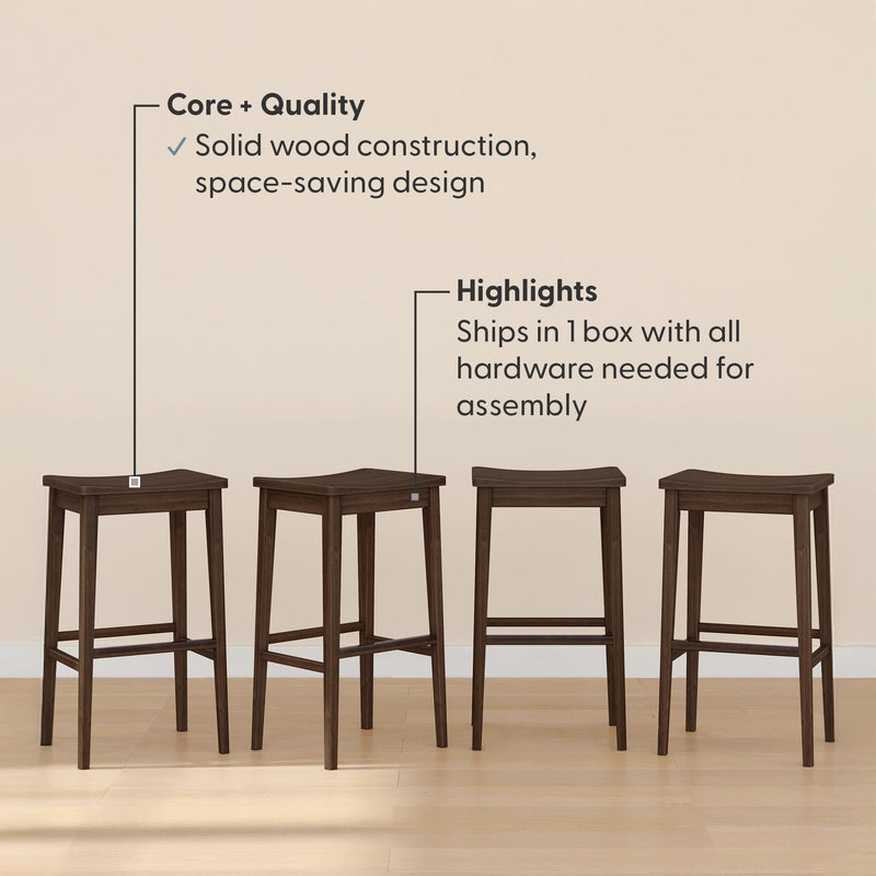 Dark brown wooden bar stools with solid wood construction and space-saving design, highlighted for easy assembly with included hardware.